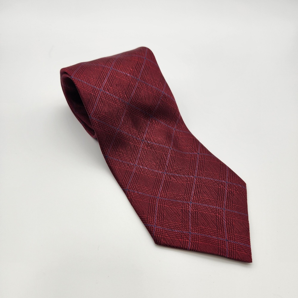Stafford Executive Mens Silk Tie Burgundy Red Blue Plaid Made in Italy